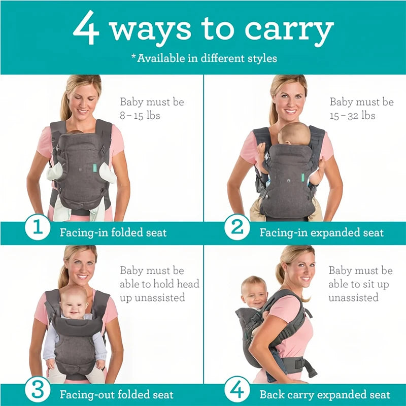 4-in-1 Baby Carrier - Newborn to Toddler Convertible, Adjustable Strap