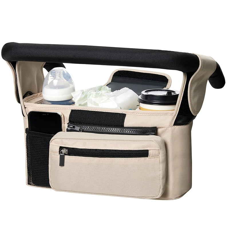 Universal Baby Stroller Organizer, with Insulated Cup Holder Detachable Phone Bag & Shoulder Strap, Fits Pet and Baby Stroller