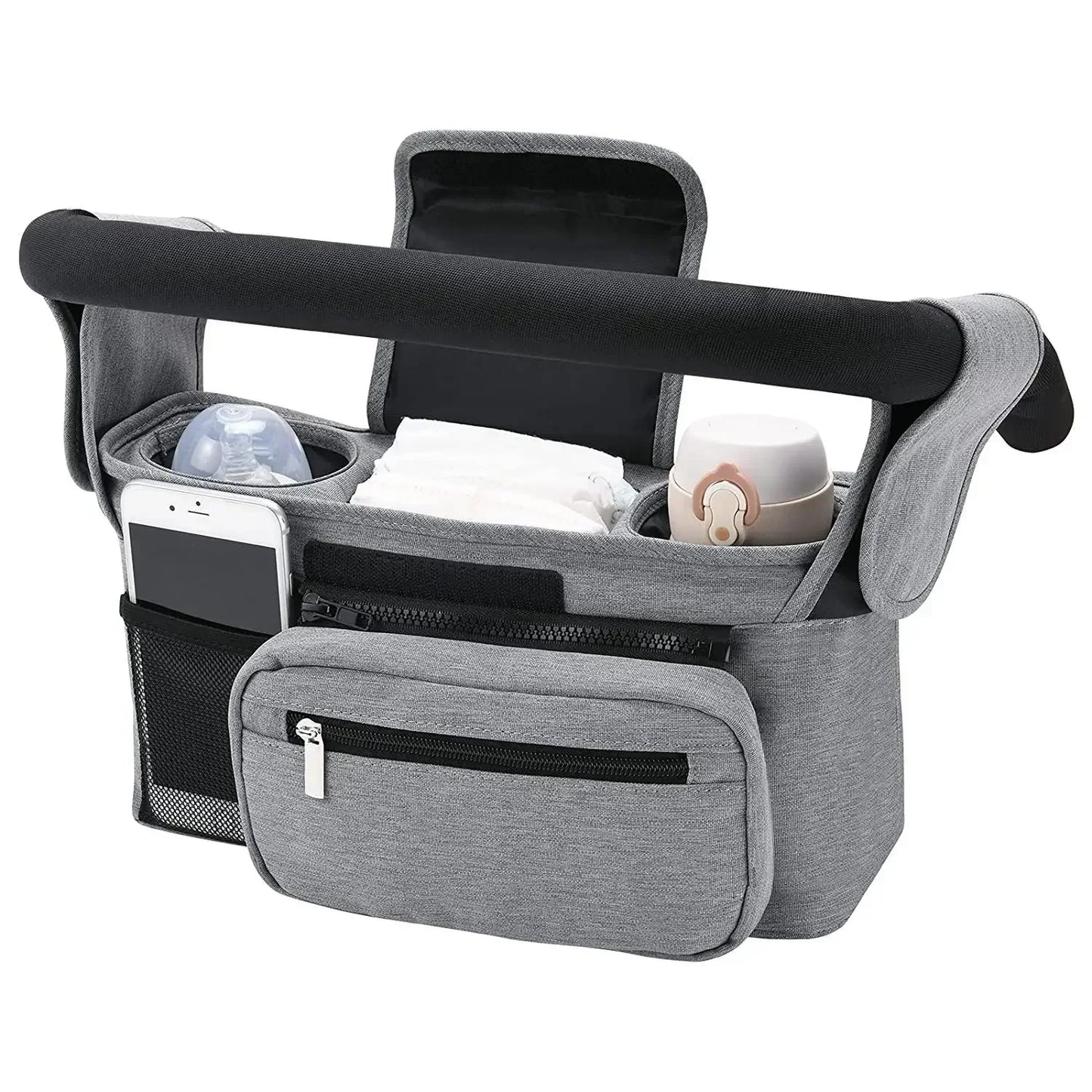 Universal Baby Stroller Organizer, with Insulated Cup Holder Detachable Phone Bag & Shoulder Strap, Fits Pet and Baby Stroller