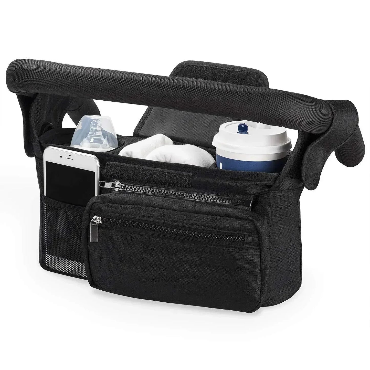 Universal Baby Stroller Organizer, with Insulated Cup Holder Detachable Phone Bag & Shoulder Strap, Fits Pet and Baby Stroller